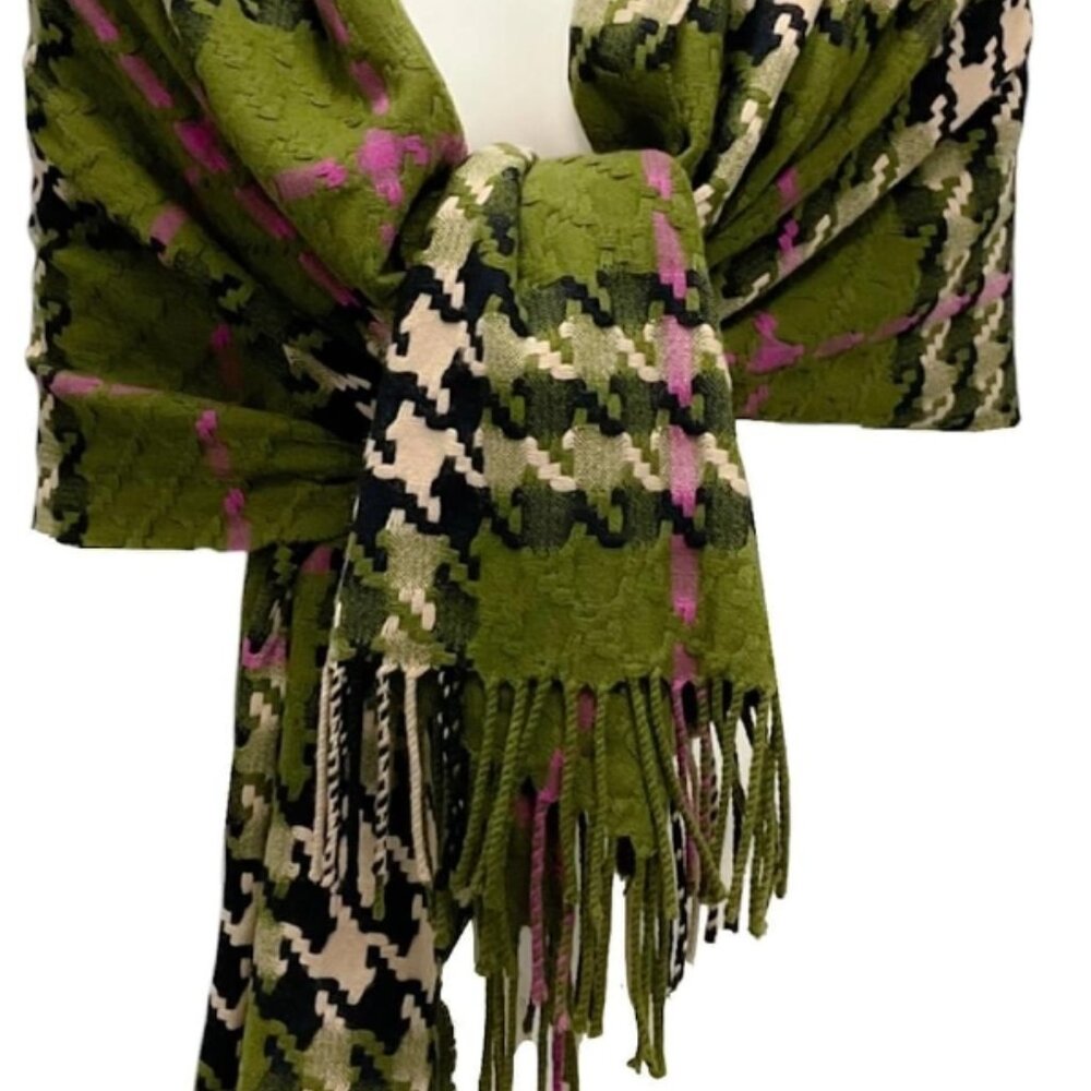 Burberry Olive Green/Magenta Houndstooth Plaid Check Merino Wool Cashmere Shawl